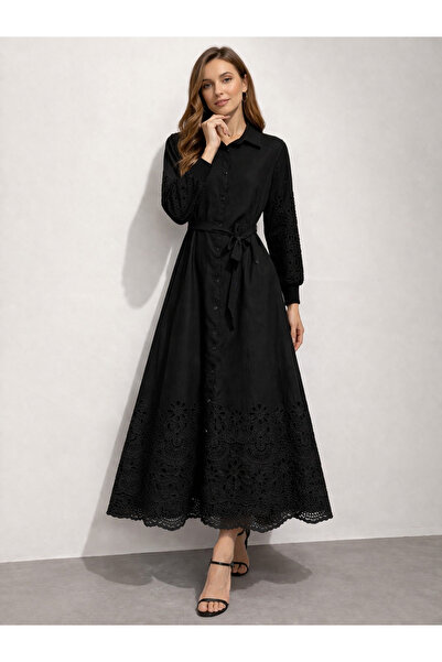 FUAT GÜRSEN Lazer Kesim Güpür Detaylı Astarlı Elbise