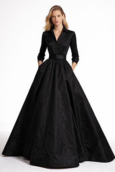 ALYEL NAKER Black Shirt Dress with Two Full Circle Openings at the Hem and Ma...