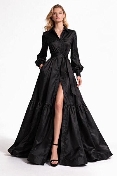 ALYEL NAKER Black Shirt Dress with Pocket Detail & Ruffles in Maxi Length