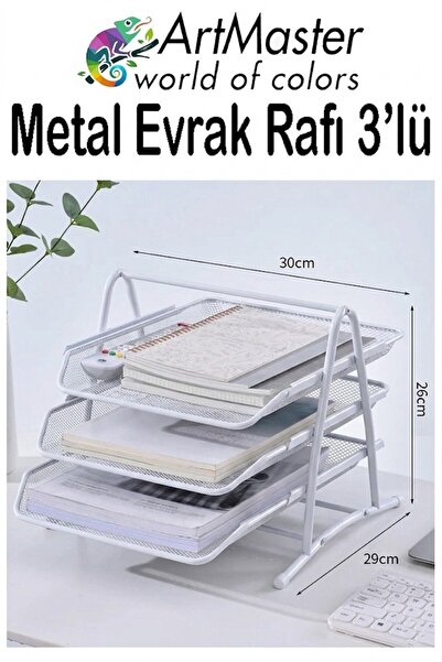 Artmaster Beyaz Metal Evrak Rafı 3 lü 1 Paket Masaüstü A4 Dosya 3 Katlı Düzen...