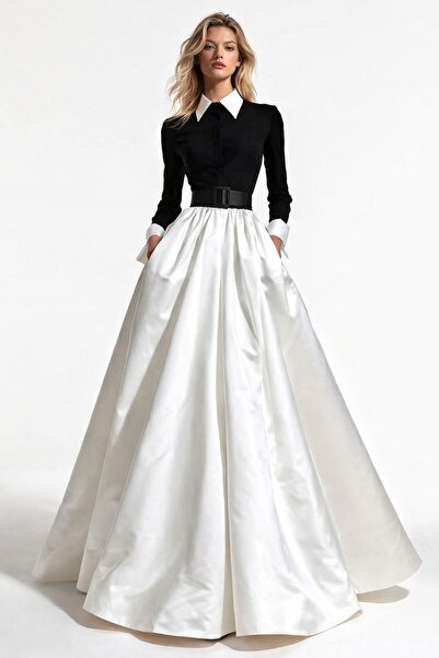 ALYEL NAKER Shirt Part Black Plain Woven & Skirt White American Satin Maxi Sh...