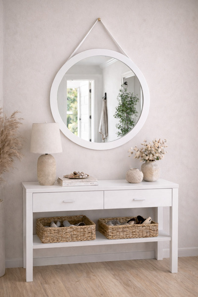 Digital Hayat Deri Askı Kayışlı Yuvarlak Ahşap Ayna - Doğal Ahşap Çerçeveli M...