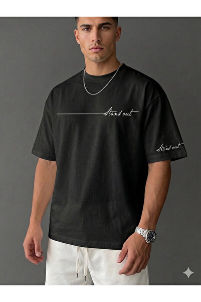 ALİ.COM Tricou oversize din bumbac, unisex, cu imprimeu STAND OUT și decolteu...