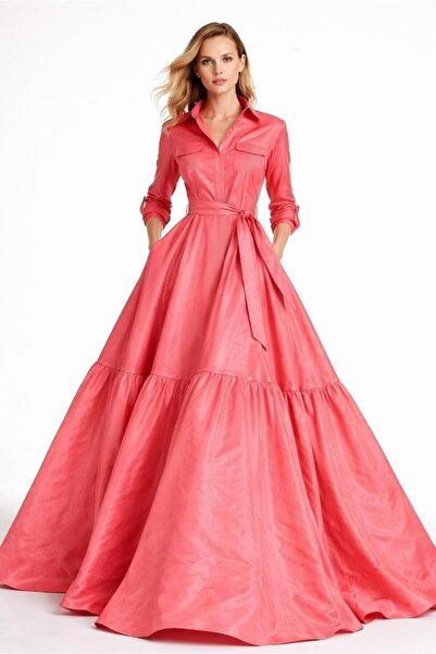 ALYEL NAKER Pocket Detailed & Ruffled Maxi Length Daylight Pink Taffeta Shirt...