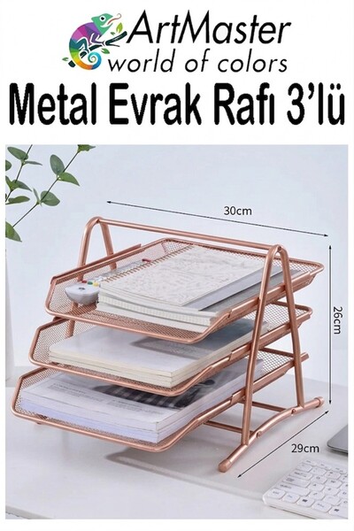 Artmaster Bakır Yaldız Metal Evrak Rafı 3 lü 1 Paket Masaüstü A4 Dosya 3 Katl...