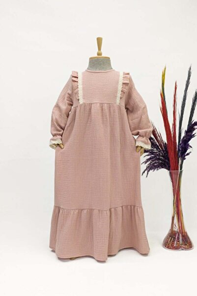 Betül Akbay Girl's Hijab Dress – Fairy Tale Model Scalloped Muslin Full Length Powder