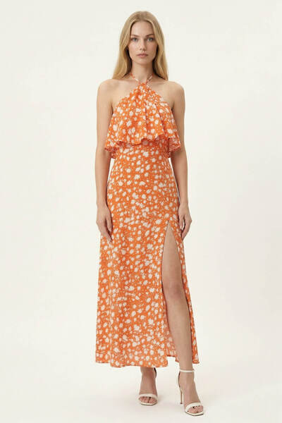 LAREON Rochie lungă cu decolteu tip halter, cu șliț și imprimeu - 1019