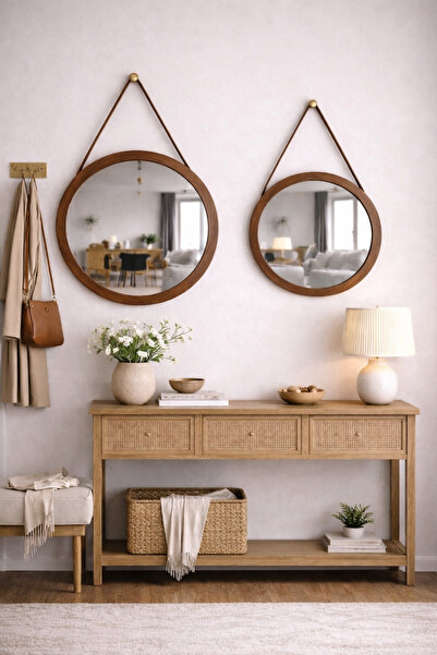 Digital Hayat Askılı 2'li Masif Ahşap Yuvarlak Ayna Seti (50+36 cm) - Doğal A...