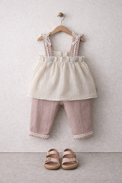 Tifina Kids Kız Bebek 2'li Takım Nakış İşlemeli Askılı Bluz Şeritli Pantolon ...