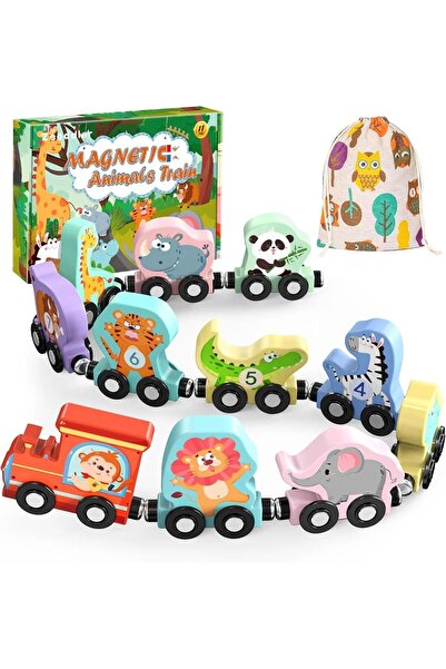 SARALMA Tren magnetic Animale din lemn Zoadler 11 piese cu geantă de depozitare
