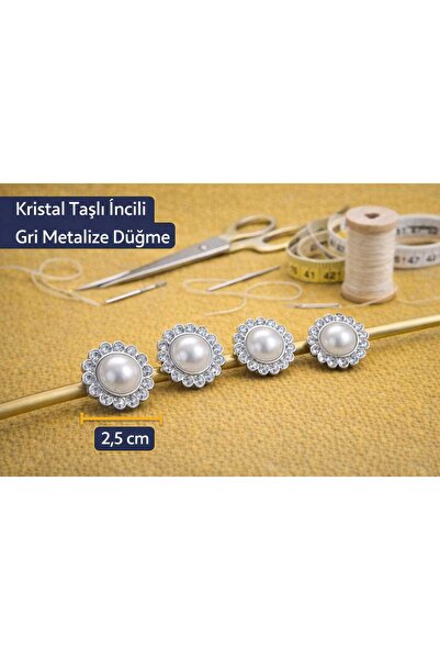beyna aksesuar KRİSTAL TAŞLI VE İNCİLİ GRİ METALİZE DÜĞME 2,5 CM 1 PAKET 6 ADET
