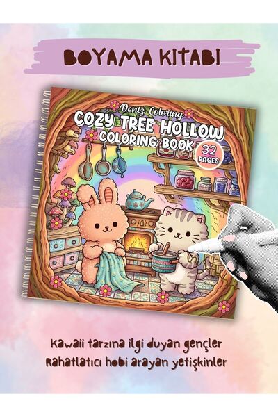 deniz9 Huzurlu Ağaç Kovuğu Boyama Kitabı - Kawaii Hayvanlar ve Doğa Temalı Ra...