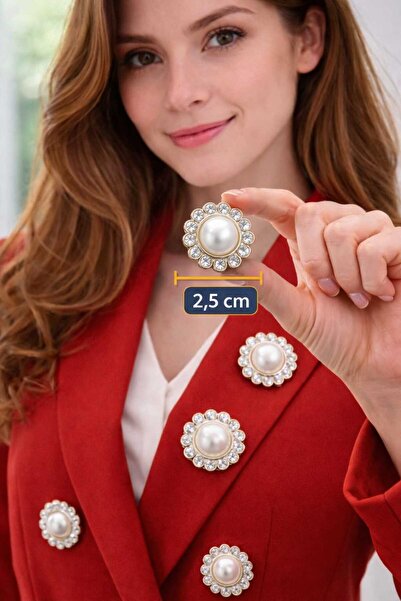 beyna aksesuar KRİSTAL TAŞLI VE İNCİLİ GOLD METALİZE DÜĞME 2,5 CM 1 PAKET 6 ADET