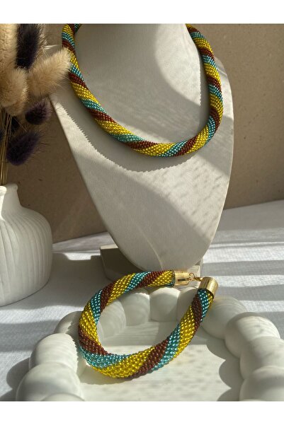 Handmade KUM BONCUK EL İŞİ GOLD KAPAMALI KOLYE SET