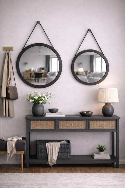 Digital Hayat Askılı 2'li Masif Ahşap Yuvarlak Ayna Seti (50+36 cm) - Doğal A...