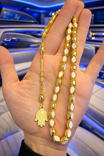 A-STİL TAKI Men's Gift Single Tassel Heavy White Motif Gold Plated Prayer Beads