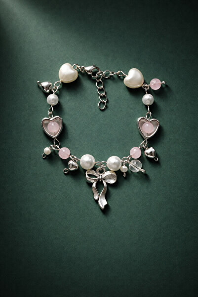 TREND COLLECTİON İncili Pembe Boncuklu Fiyonk & Kalp Charm Bileklik