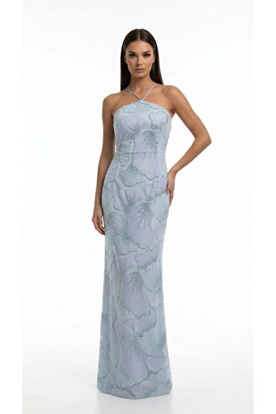 aşkın göksu Mavi 3 Boyutlu Dantel İp Askılı Straplez Yaka Kadın Kısa Abiye