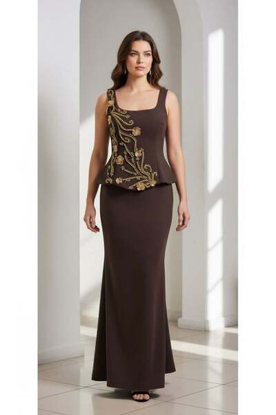 aşkın göksu Kahve Kalın Askılı Kare Yaka Sırt Birit Bağcıklı Taş İşlemeli Kad...