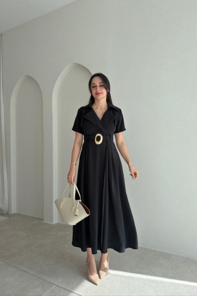 Sorridi Belted Tencel Fabric Long Dress with Gold Accessories