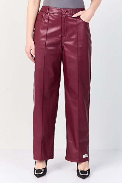 The Giving Movement Women Skinny Fit Solid Leather Straight Leg Pants, Maroon