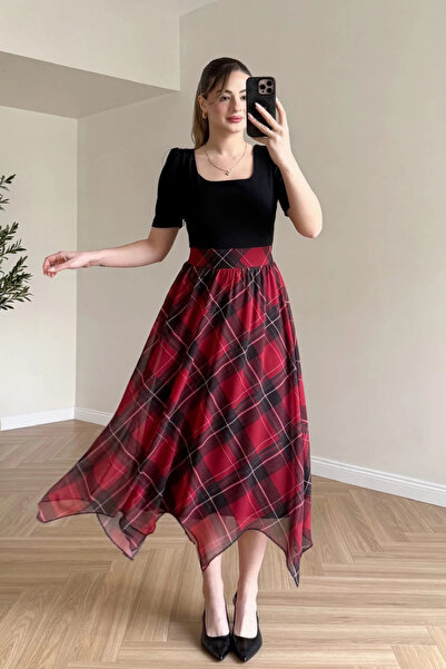 MOZENA Square Neckline Skirt Chiffon Plaid Midi Dress