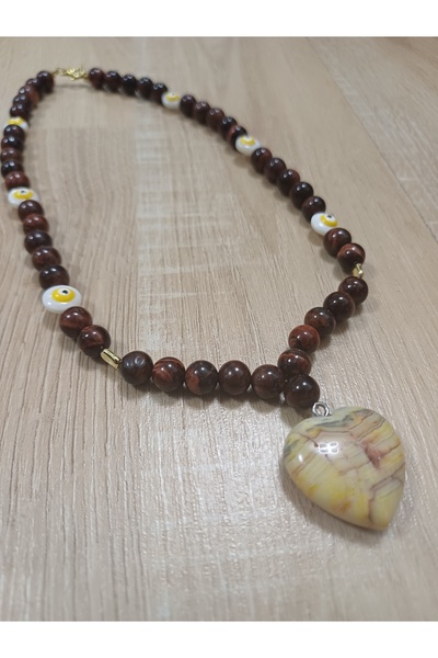 Shine Elagance Natural Stone Red Tiger's Eye and Evil Eye Beads Heart Pendant...