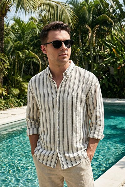 MADZEYMODA Black Striped Ecru Long Sleeve Linen Shirt Ls-19844