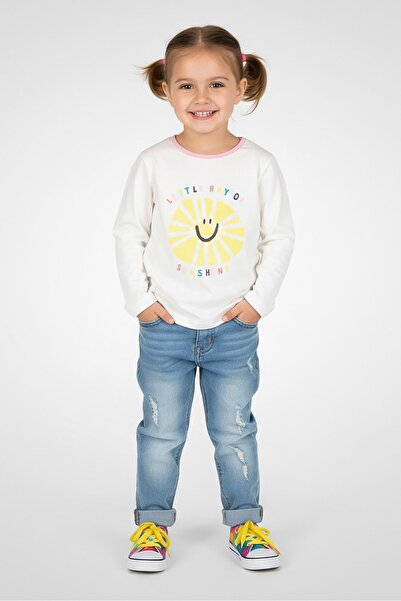 Hamleys تي شيرت بناتي بأكمام طويلة وياقة دائرية مطبوع عليه رسومات، لون أبيض