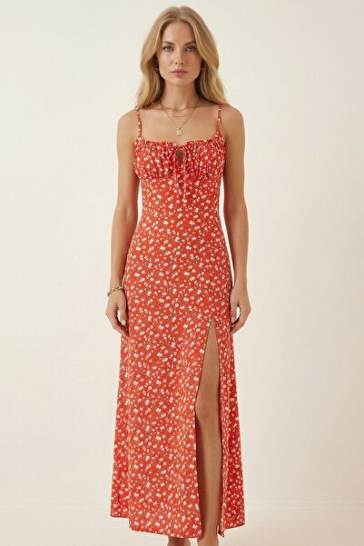 LAREON Women's Floral Rope Strap Back Zipper Woven Viscose Midi Length Slit D...