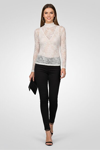 Maje Women Mock Neck Long Sleeve Textured Lace Blouse, White