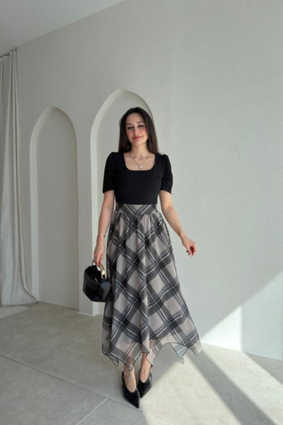 Sorridi Plaid Detailed Square Neck Long Dress