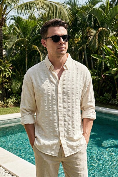 MADZEYMODA White Striped Ecru Long Sleeve Linen Shirt Ls-19844