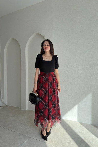 Sorridi Plaid Detailed Square Neck Long Dress