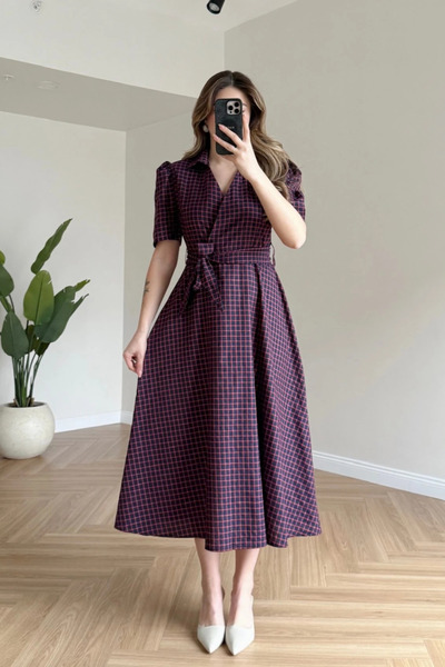 MOZENA Double-Breasted Shirt Collar Plaid Patterned Belted Midi Dress
