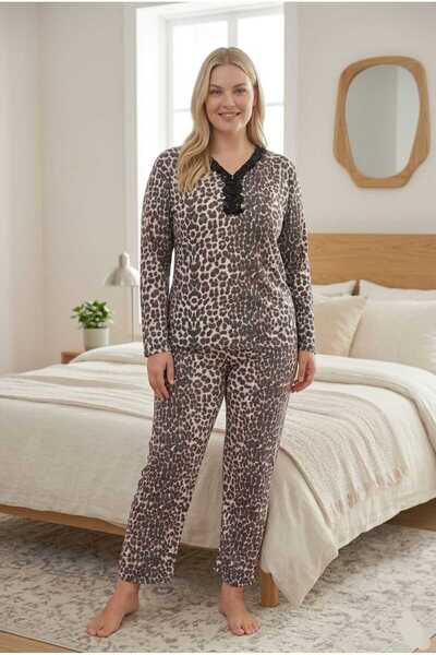 Eyfuze Women's Large Size Patterned Buttoned Collar Long Sleeve Bamboo Pajama...