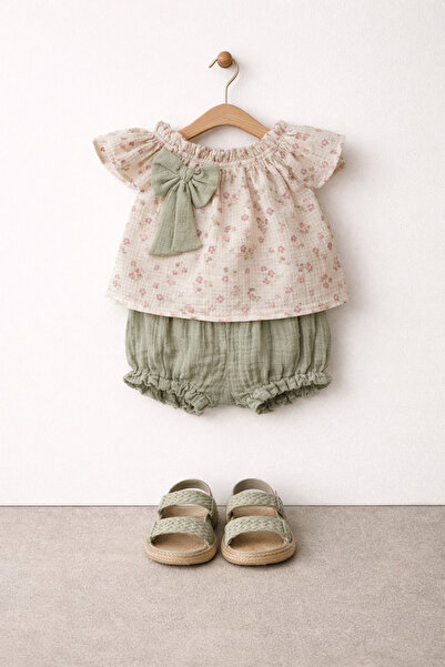 Tifina Kids Baby Girl 2-Piece Set Ribbon Detailed Strap Blouse Textured Musli...