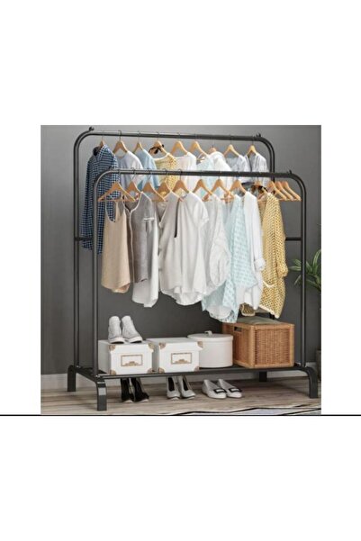 SimpluAcasa Double Clothes Rack, with Lower Shoe Shelf, WHITE