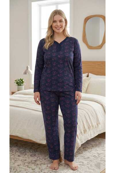 Eyfuze Women's Large Size Patterned Buttoned Collar Long Sleeve Bamboo Pajama...