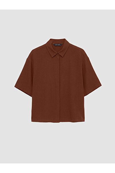 LC Waikiki Καφέ Oversize Γυναικείο Πουκάμισο από Κρεπ