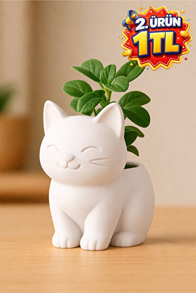 GiginGo Kedi Figürlü Dekoratif Saksı Kalemlik ve Masa Üstü Süs 10 cm