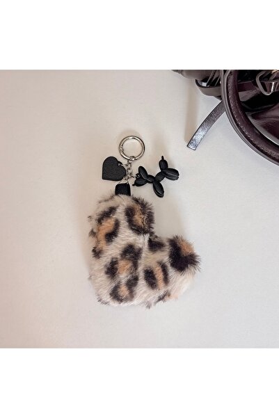 PİNKUE Leopar Peluş Köpek Anahtarlık Kalp Charm Detaylı Çanta Aksesuarı