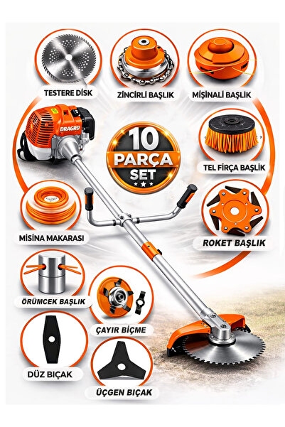 Dragro German DRG-10 + Yan Tipi Benzinli Ot Çalı Çim Biçme Tırpanı + Full Set...