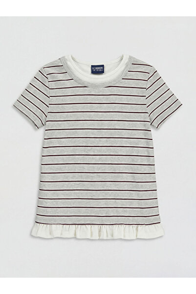 LC Waikiki Gray Crew Neck Striped Girl's T-Shirt
