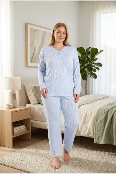 Eyfuze Women's Large Size Patterned Buttoned Collar Long Sleeve Bamboo Pajama...