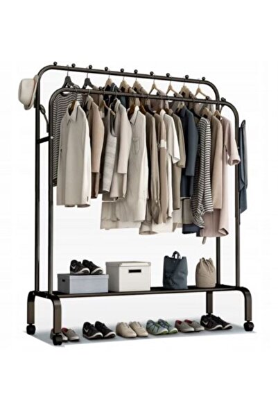 SimpluAcasa DMV Solux Mobile Double Clothes Rack, with Lower Shoe Shelf BLACK