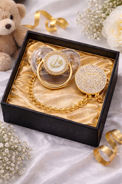 PULİNİN DÜKKANI Lüks Gold Bebek Emzik Seti – Taşlı Emzik Zinciri | Unisex Yen...