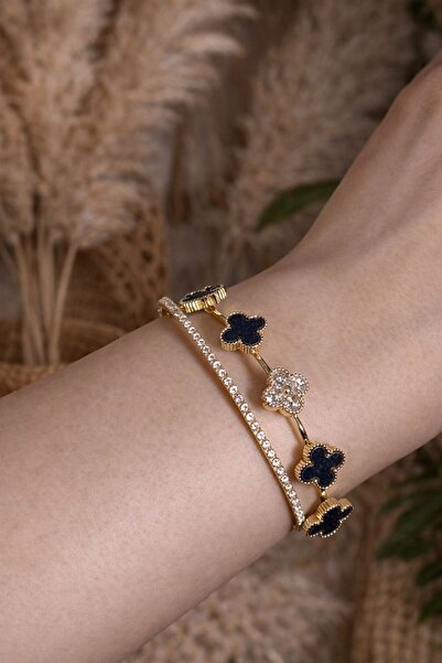 Lumiva accessories Yonca Detaylı Gold Kaplama Taşlı Kelepçe Bileklik
