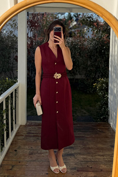 Sorridi Gold Buckle Belted Pencil Midi Dress