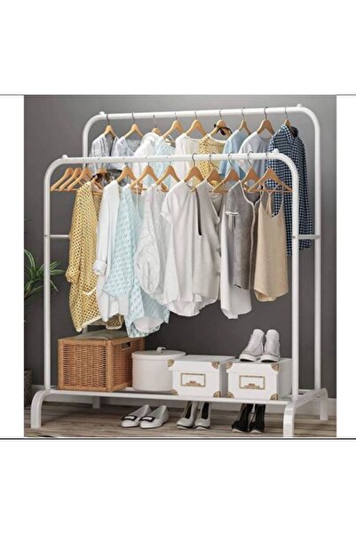 SimpluAcasa Double Clothes Rack, with Lower Shoe Shelf, WHITE